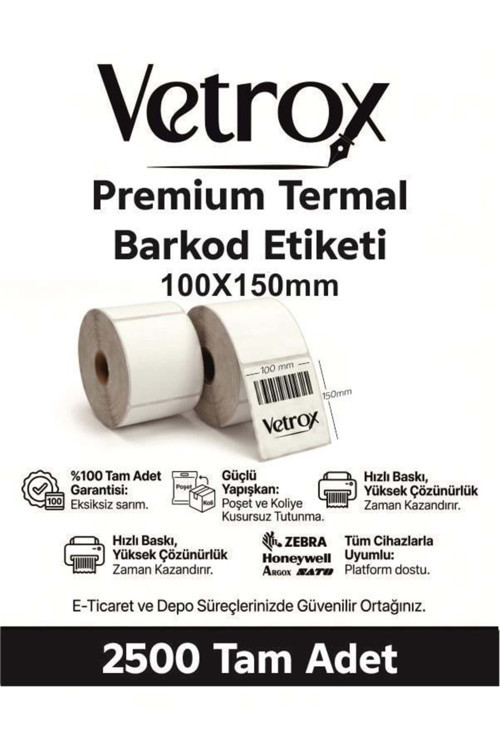 1.KALİTE TERMAL BARKOD ETİKETİ 100X150 mm 2500 Adet-TAM ADET