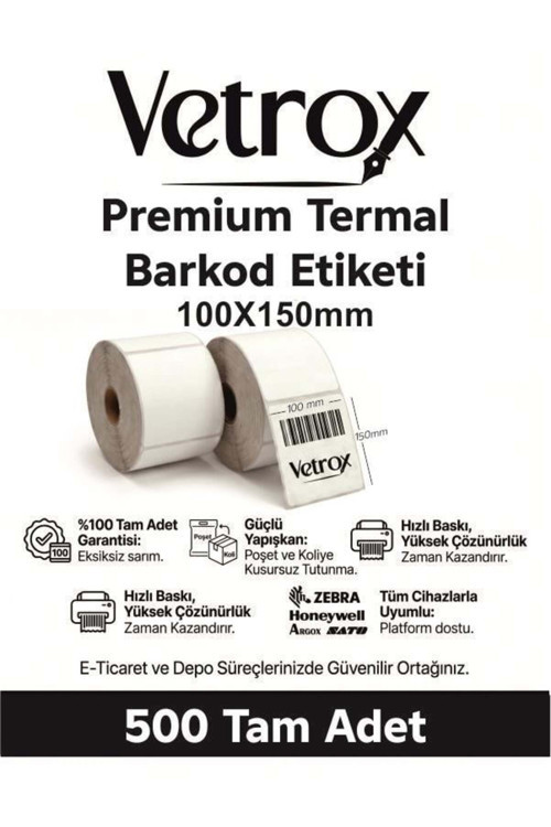 1.KALİTE TERMAL BARKOD ETİKETİ 100X150 mm 500 Adet-TAM ADET