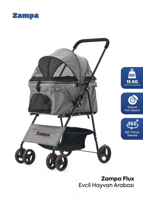 Flux Kedi & Köpek Arabası Gri - 15 kg Taşıma Kapasiteli Ergonomik Puset