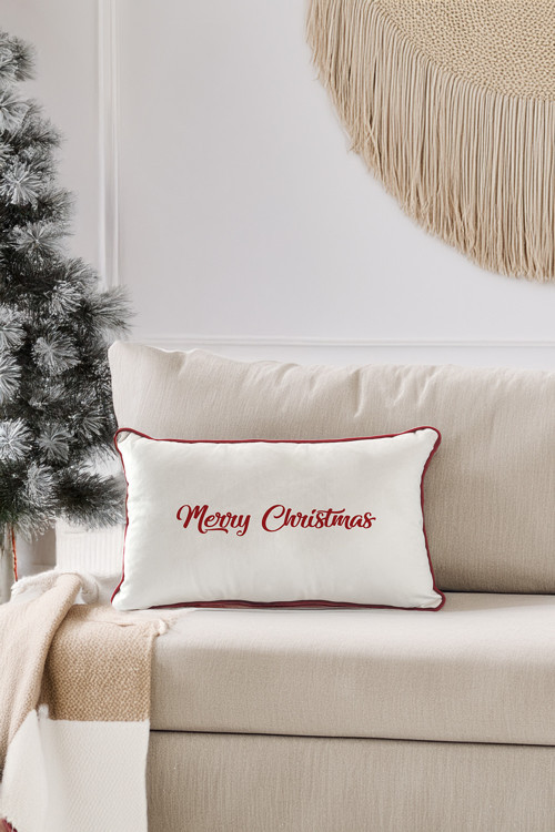 Yılbaşı Noel Temalı "Merry Christmas" Yazılı Kırmızı Biyeli Dekoratif Kırlent Kılıfı-30x50
