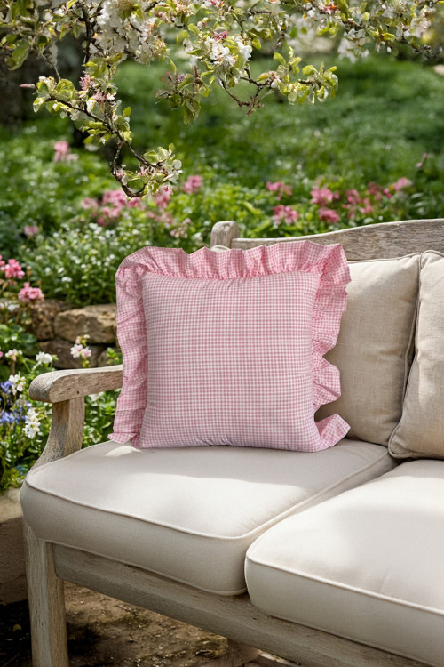 Melma %100 Pamuk Pembe Potikareli Fırfırlı Dekoratif Kırlent Kılıfı 45x45 Salon ve Bahçe Dekorasyonu