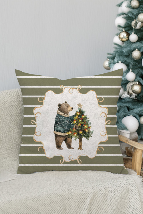 Yılbaşı Noel Temalı Kutup Ayı Çam Yeşil Çizgi Desenli Yeşil Dekoratif Kırlent Kılıfı-Beyaz 45x45