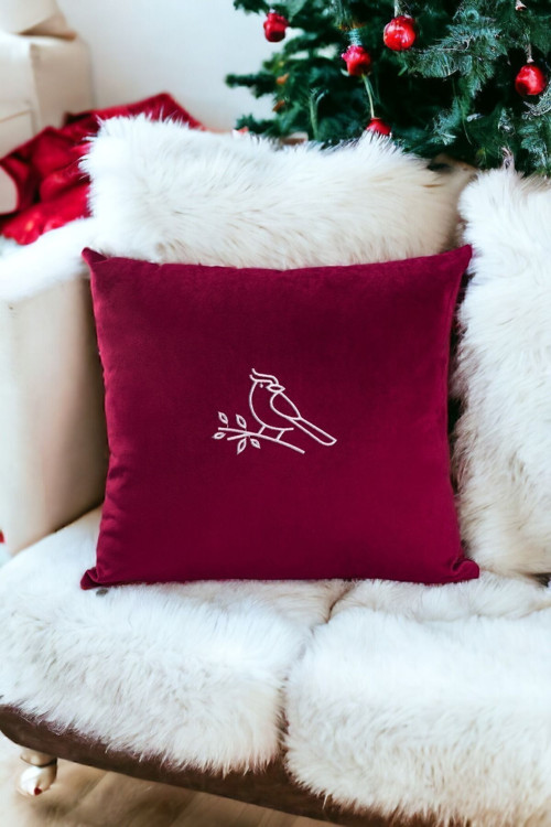 Yılbaşı Noel Temalı Beyaz Kardinal Kuş Nakış Detaylı Dekoratif Kırlent Kılıfı - Bordo