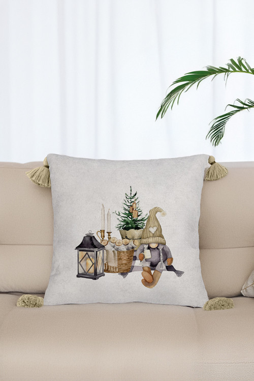 Yılbaşı Noel Temalı Cüce El Lambası Desenli Krem Püsküllü Dekoratif Kırlent Kılıfı-Beyaz 45x45