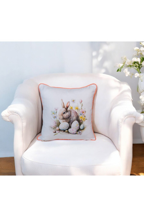 Dijital Baskı Paskalya temalı Tavşan Desen Biyeli Dekoratif Kırlent Kılıfı 45x45