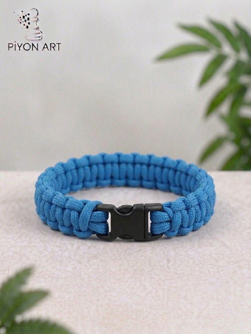 El Yapımı Mavi Paracord Paraşüt İpi Unisex Bileklik Klipsli Outdoor Survival Takı L BedeN