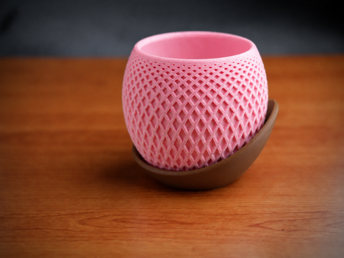 Alvera Küre Saksı – 3D Baskı Kafes Dokulu Iki Parçalı Dekoratif Saksı - Pembe-Kahverengi