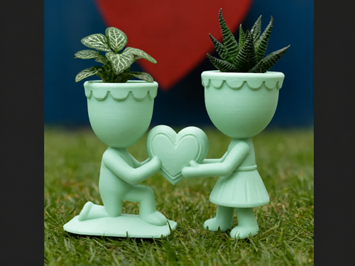 Alvera Aşk Saksısı – 3D Baskı Kalp Tutan Çift Figürlü Dekoratif Saksı - Mint