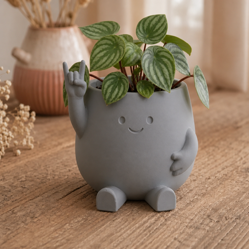 Alvera Smiley Face Planter – 3D Baskı Gülümseyen Karakterli Saksı-Gri