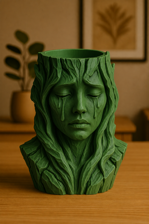 Alvera Ağlayan Kadın Büst Saksı – 3D Baskı Sanatsal Dekoratif Saksı - Yeşil