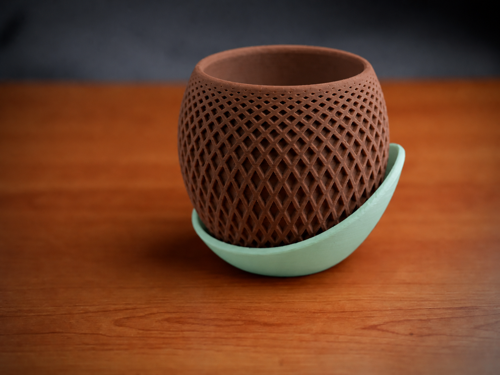 Alvera Küre Saksı – 3D Baskı Kafes Dokulu Iki Parçalı Dekoratif Saksı - Kahverengi-Mint