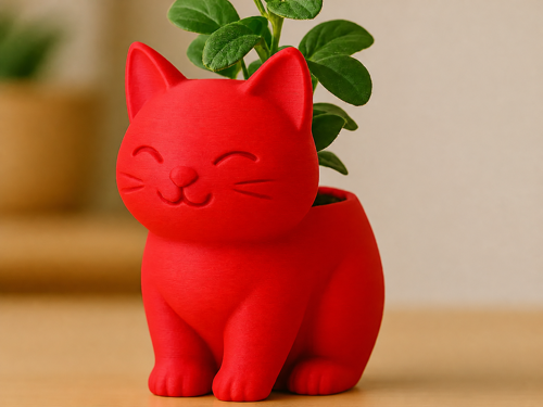 Alvera Sevimli Kedi Saksı – 3D Baskı Figürlü Sukulent Saksısı-Kırmızı