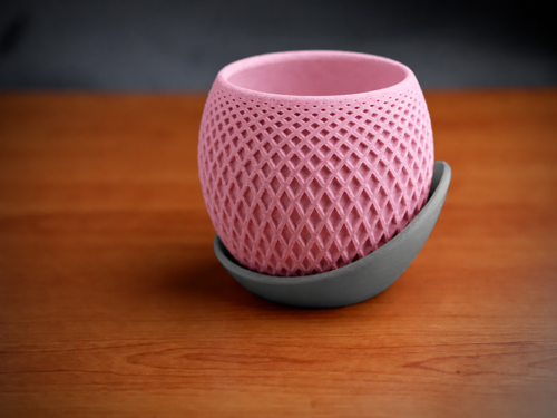 Alvera Küre Saksı – 3D Baskı Kafes Dokulu Iki Parçalı Dekoratif Saksı - Pembe-Gri