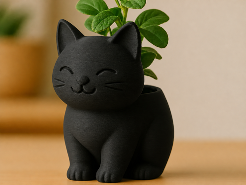 Alvera Sevimli Kedi Saksı – 3D Baskı Figürlü Sukulent Saksısı-Siyah