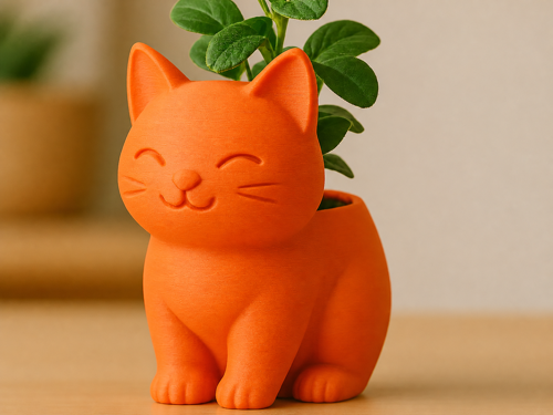 Alvera Sevimli Kedi Saksı – 3D Baskı Figürlü Sukulent Saksısı-Turuncu