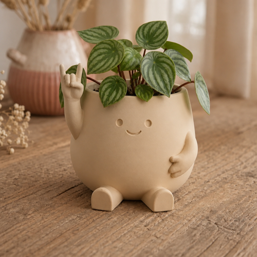 Alvera Smiley Face Planter – 3D Baskı Gülümseyen Karakterli Saksı-Bej