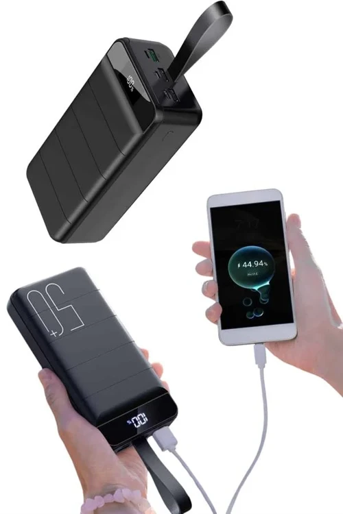 Taşınabilir Powerbank 50.000 mAh 4 Girişli Hızlı Şarj Led Göstergeli Fenerli Şarj