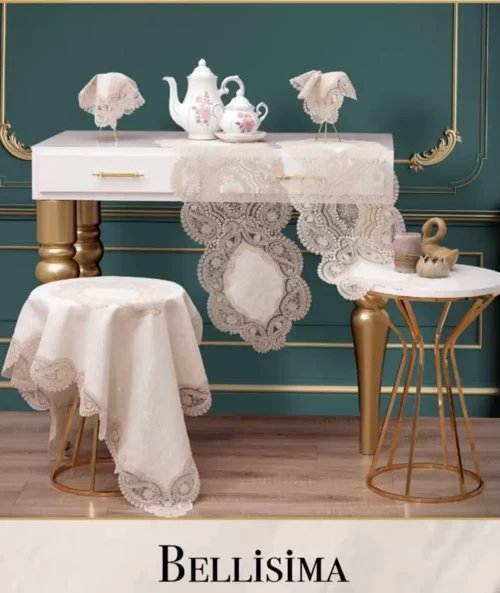 Salon Takımı 5 Parça Velvet Kadife Dantelli Masa eÖrtüsü Runnr Seti Bellisima Model No 8652- Krem