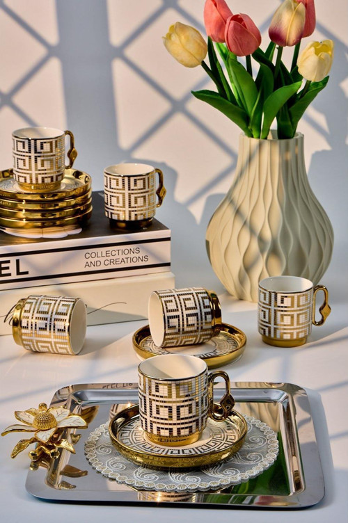 12 Parça 6 Kişilik 80 ml Geometrik Desenli Türk Kahvesi Fincan Takımı Gold K651-C