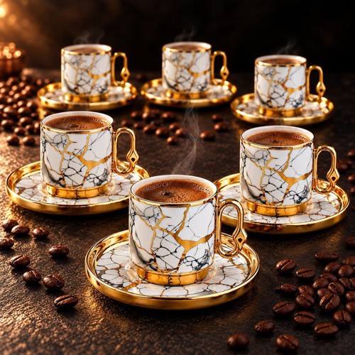 12 Parça 6 Kişilik 80 ml Türk Kahvesi Fincan Takımı Gold Mermer Desenli