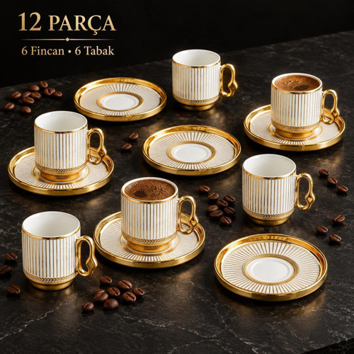 12 Parça 6 Kişilik Türk Kahvesi Fincan Takımı 80ml Gold Detaylı 6 Fincan 6 Tabak K651-A