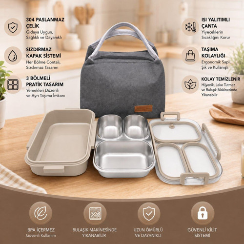 304 Paslanmaz Çelik 3 Bölmeli Lunch Box Termal Çantalı – Sızdırmaz Kapaklı Beslenme Kabı