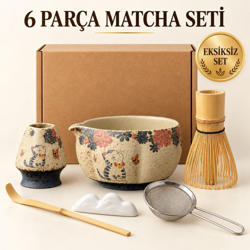 Kedili 6 Parça Matcha Seti Chasen Çırpıcı Chawan Kase Chashaku Kaşık Stand ve Süzgeç