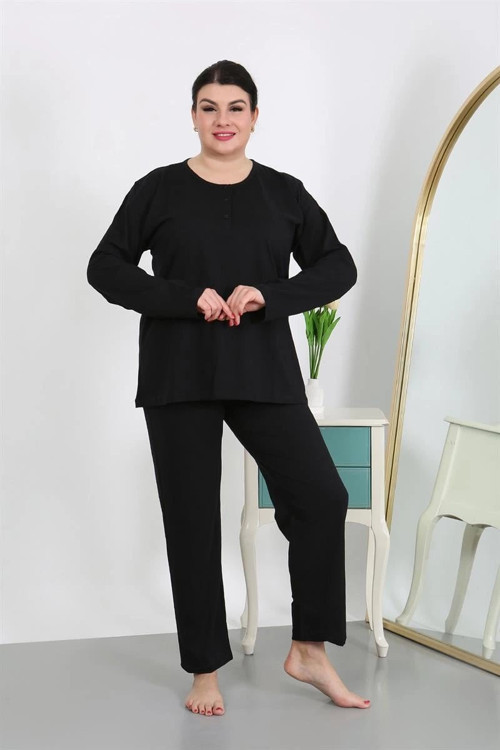 Kadın Büyük Beden Uzun Kol Penye Pijama Takımı Siyah