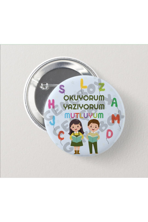 Neşeli Çocuklar Okuyorum Mutluyum (Açık Mavi) - İğneli Rozet (20 ADET)