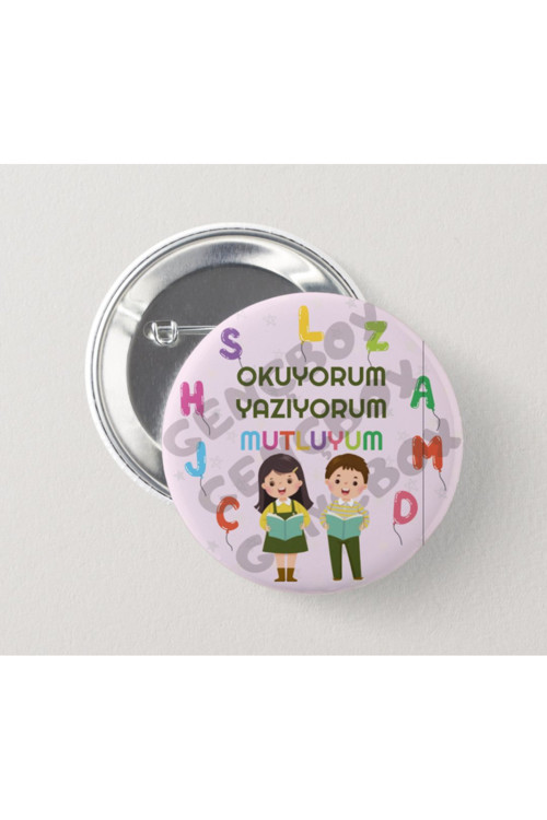 Neşeli Çocuklar Okuyorum Mutluyum (Pudra Pembe) - İğneli Rozet (5 ADET)