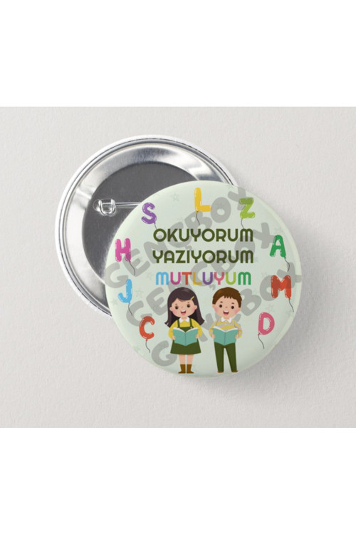 Neşeli Çocuklar Okuyorum Mutluyum (Haki) - İğneli Rozet (20 ADET)