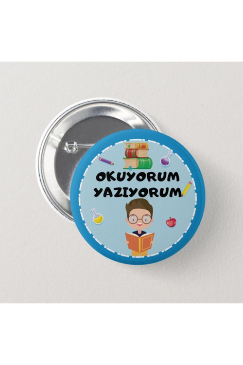Okuyorum Yazıyorum - Mavi Erkek İğneli Rozet (20 ADET)
