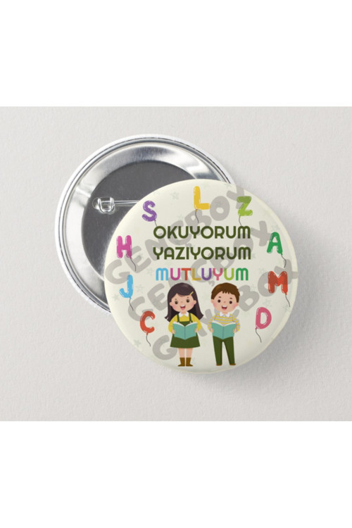 Neşeli Çocuklar Okuyorum Mutluyum (Krem Rengi) - İğneli Rozet (20 ADET)