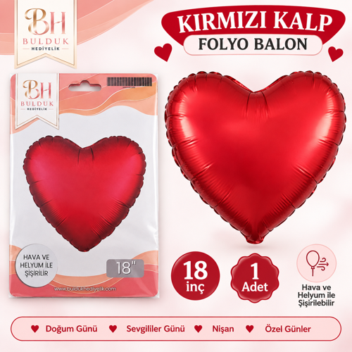 Kırmızı Kalp Folyo Balon 18 İnç | Helyum ve Hava ile Şişirilebilir