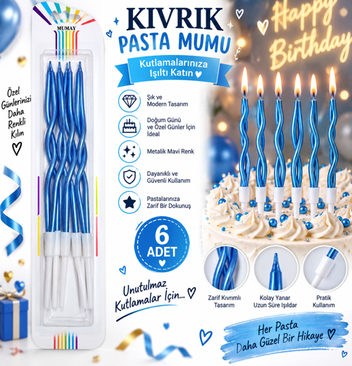 Metalik Mavi Kıvrık Pasta Mumu 6 Adet | Doğum Günü