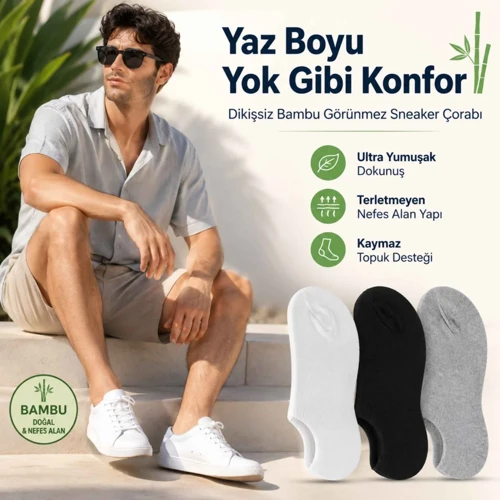 Wak Erkek Bambu 6’lı Dikişsiz Babet Çorap Siyah Beyaz Gri Görünmez Sneaker Çorap Nefes Alan Yumuşak
