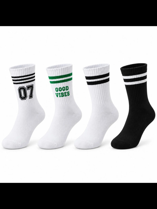 Wak Unisex Çorap Çizgili 4'lü Set 07 Good Vibes Baskılı Siyah Beyaz Uzun Soket Spor Kolej Stil Rahat Şık