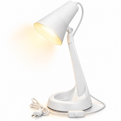 HareketLİ Başlıklı Beyaz Masa Lambası – E14 Duy, 3000K Sarı Işık LED Buji Ampul Hediyeli, 2 Metre Kablolu, ABS Plastik Ç