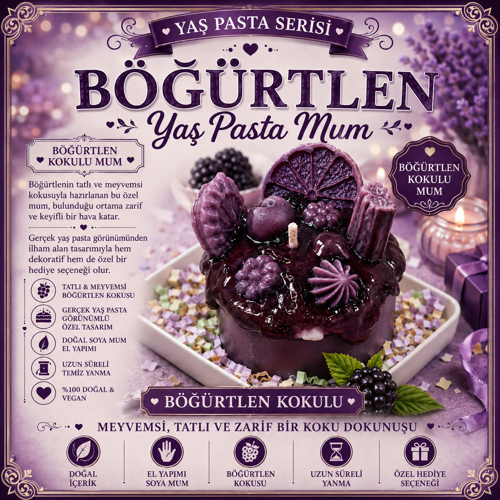 Yaş Pasta Serisi Böğürtlen Kokulu Yaş Pasta Mum – El Yapımı Dekoratif Soya Mum