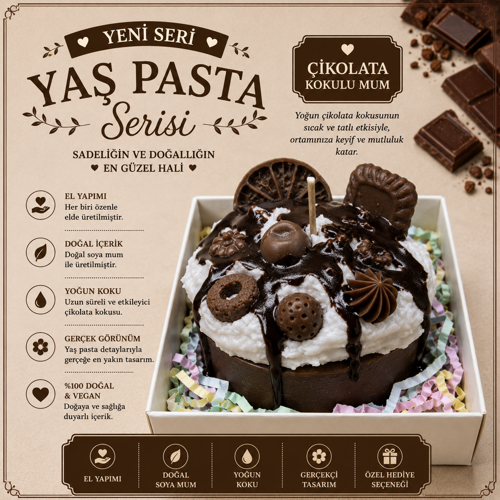Yaş Pasta Serisi Çikol Çikolata Kokulu Yaş Pasta Mum – El Yapımı Dekoratif Soya Mum