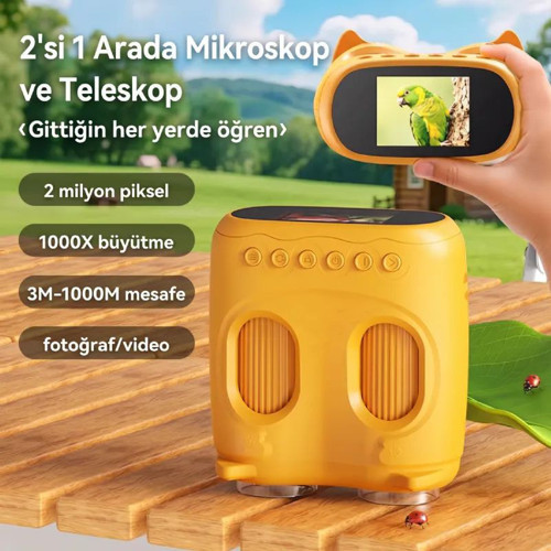 387 Sarı 2'si 1 Arada Dijital Çocuk Mikroskobu & Dürbün - 1000X Büyütme, 1000 Metre Menzil, 2 MP Full HD Ekranlı Eğitici Bilim Kiti