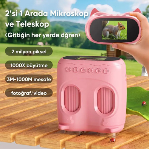 387 Pembe 2'si 1 Arada Dijital Çocuk Mikroskobu & Dürbün - 1000X Büyütme, 1000 Metre Menzil, 2 MP Full HD Ekranlı Eğitici Bilim Kiti