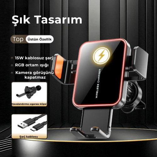 SD15 15W Hızlı Kablosuz Şarjlı Araç Telefon Tutucu - RGB Işıklı, Havalandırma Uyumlu, Sarsıntı Önleyici Otomatik Kavramalı