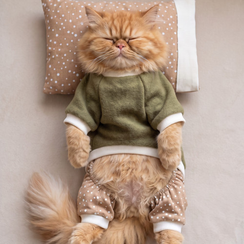 Latte & Matcha Kedi Rüyası | Pamuklu Kedi Tulumu, Polar Sweatshirt ve Mini Yastık | 3 Parça
