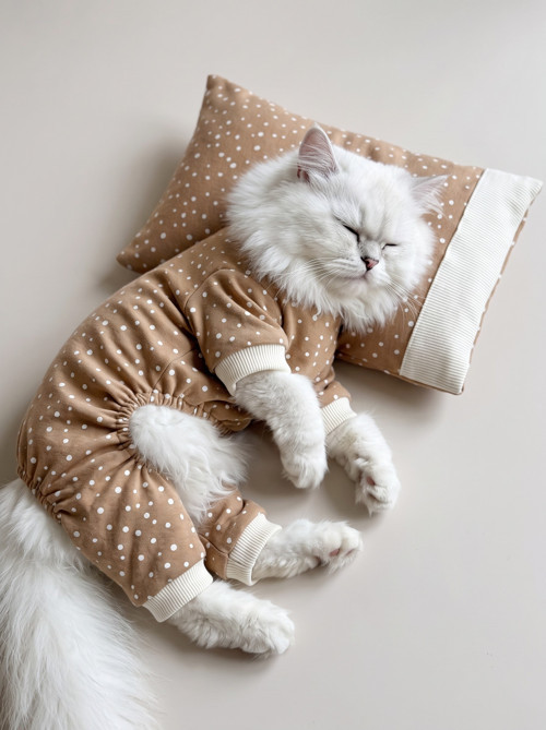 Latte Sprinkles Kedi Uyku Seti | Penye Kedi Tulum ve Mini Yastık Takımı | Pamuklu | Tüy Dökülmesini Azaltır |