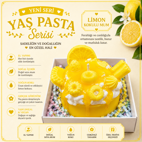 Yaş Pasta Serisi Limon Kokulu Yaş Pasta Mum – El Yapımı Dekoratif Soya Mum
