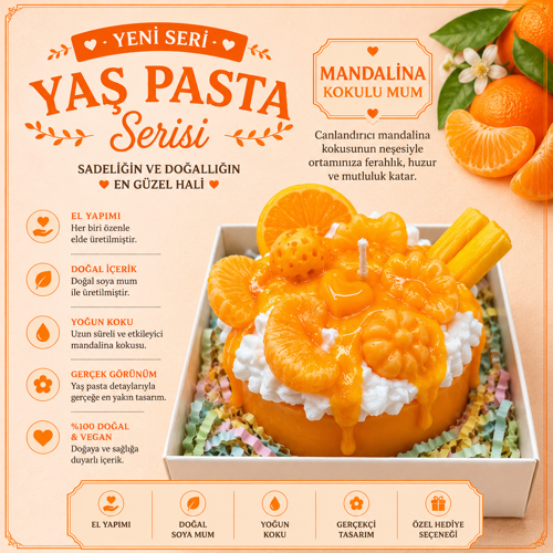 Yaş Pasta Serisi Mandalina Kokulu Yaş Pasta Mum – El Yapımı Dekoratif Soya Mum