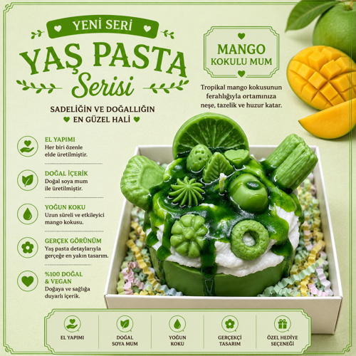 Yaş Pasta Serisi Mango Kokulu Yaş Pasta Mum – El Yapımı Dekoratif Soya Mum