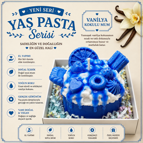 Yaş Pasta Serisi Vanilya Kokulu Yaş Pasta Mum – El Yapımı Dekoratif Soya Mum