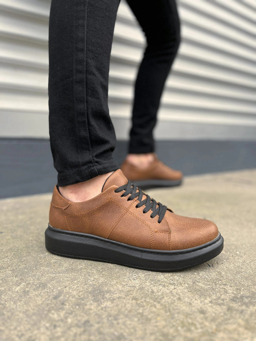 Tsoob Bağcıklı Cilt Erkek Günlük Rahat Taban Sneaker Ayakkabı - Taba siyah
